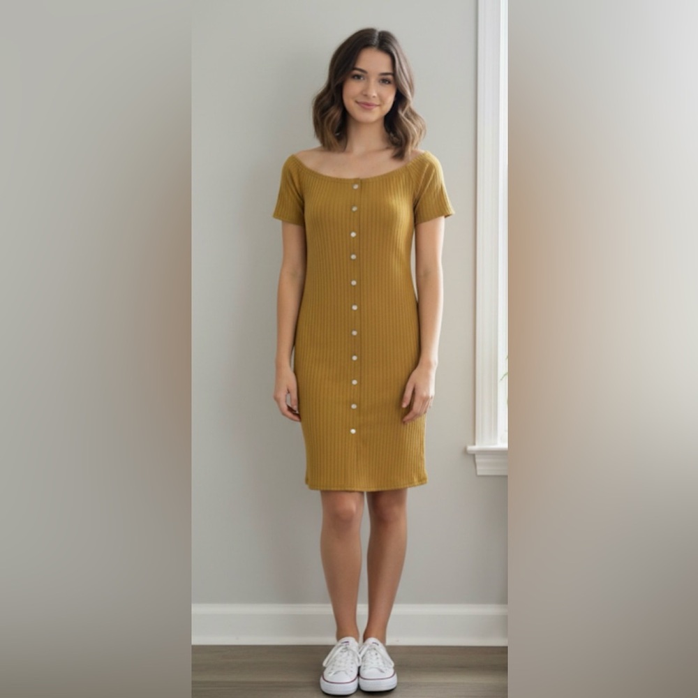 Say What? Mustard Brown Off The Shoulder Ribbed Midi Dress Women